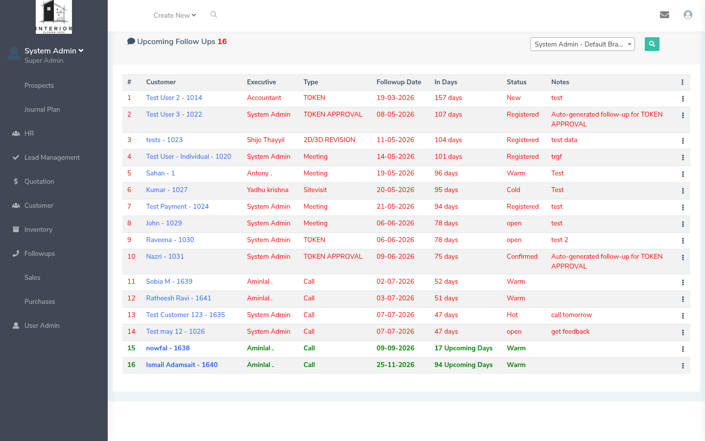 Zavoly CRM upcoming follow-ups by customer, executive and date