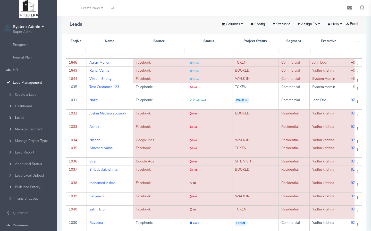 Zavoly CRM lead list showing enquiries by source, status and assigned executive